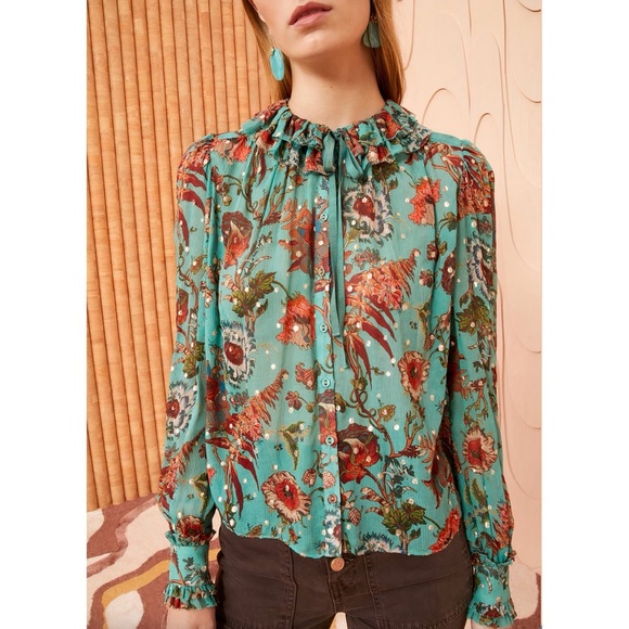 Ulla Johnson Silk-Blend Ruffle Long-Sleeve Floral Pippa Collared Blouse - Picture 3 of 7